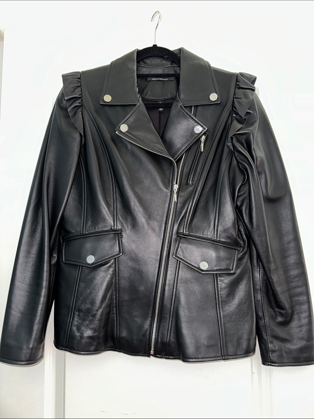 WHBM Black Leather Moto Jacket with Ruffle Shoulder Detail